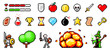 © Dmytro - Set of minimalistic pixel art vector objects isolated. Pixel game buttons. 8 bit UI gaming bar notation. Video-game pixel magic items, digital pixelated lives bar. Heroes and retro icons used in games