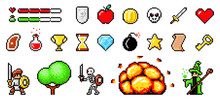 Set Of Minimalistic Pixel Art Vector Objects Isolated. Pixel Game Buttons. 8 Bit UI Gaming Bar Notation. Video-game Pixel Magic Items, Digital Pixelated Lives Bar. Heroes And Retro Icons Used In Games