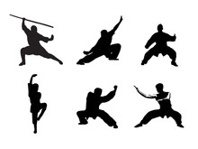 Silhouette Of People Isolated On White Background. Wushu, Kung Fu, Taekwondo, Aikido.  Sports Positions. Design Elements And Icons. Vector Illustration.