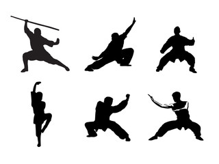 Silhouette of people isolated on white background. Wushu, kung fu, Taekwondo, Aikido.  Sports positions. Design elements and icons. Vector illustration.