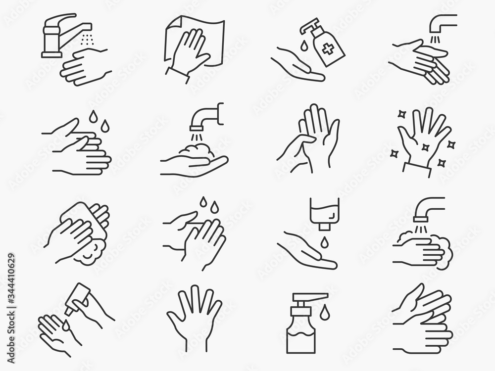 Hand washing line icons set. Black vector illustration. Editable stroke. - obrazy, fototapety, plakaty 