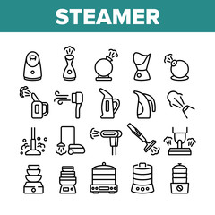 Wall Mural - Steamer Domestic Tool Collection Icons Set Vector. Electric Food Cooking Multi Steamer, Vacuum Cleaner And Humidifier Equipment Concept Linear Pictograms. Monochrome Contour Illustrations