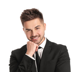 Poster - Portrait of handsome young businessman on white background