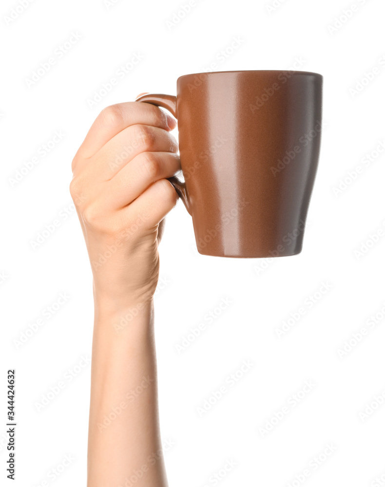 Female hand with blank cup on white background