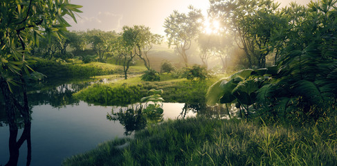 fresh green paradise scenery - amazonian tropical rainforest environment with calm river in beautifu