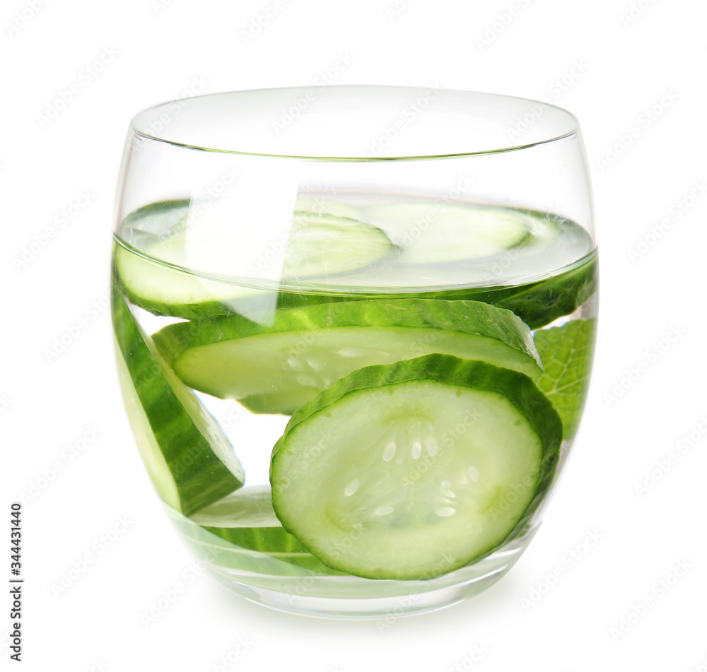 Glass of cucumber infused water on white background