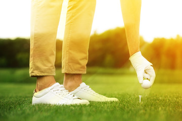 Wall Mural - Man playing golf in park on sunny day. Sport and leisure