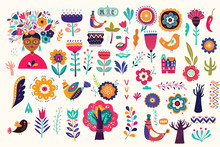 Mexican Collection Of Plants, Flowers, Red Pepper And Birds. Colorful Stylish Mexican Ornaments For Decoration Projects And Fabric And Textile Patterns. Folk, Ethnic Pattern  