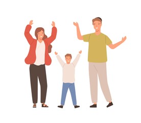 Wall Mural - Happy jewish family standing together with raised hands. Smiling parents and child isolated on white background. Colorful vector illustration in flat cartoon style