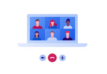 Video Teleconference And Remote Online Meeting Concept. Vector Flat Person Illustration. Group Of Multiethnic People Avatar On Laptop Computer Screen. Design For Banner, Web, Infographic