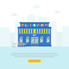 Wall Mural - Supermarket Landing Page Template, Store Delivery Web Page, Mobile App Vector Illustration