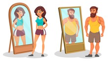 Fat And Slim People With Reflection In Mirrors Vector Illustration. Different Between Body Shapes Cartoon Design. Desire To Lose Weight. Illusion And Reality Concept. Isolated On White Background