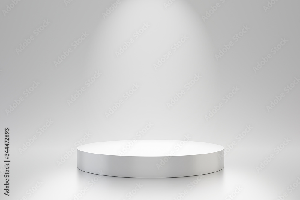 White studio template and round shape pedestal on simple background with spotlight product shelf. Blank studio podium for advertising. 3D rendering. - obrazy, fototapety, plakaty 