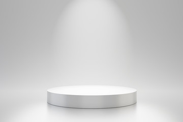 white studio template and round shape pedestal on simple background with spotlight product shelf. bl