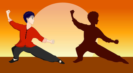 Wall Mural - Character In Kung Fu Pose with Silhouette and Sunset Background Vector Illustration, Editable EPS