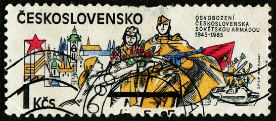 Wall Mural - CZECHOSLOVAKIA - CIRCA 1985: stamp 1 Czechoslovakian koruna printed by Czechoslovak Socialist Republic, shows May Uprising, 1945, circa 1985