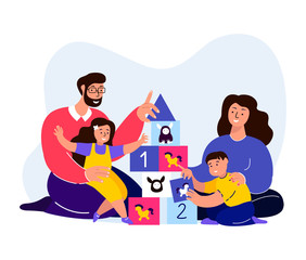 Happy Smiling Family Playing Cubes Bricks Game.Young Adult Parents.Couple Mother,Father,Husband, Wife,Child Kid Daughter,Son.Girl,Boy Children Brother,Sister Have Fun Together.Flat Vector Illustration