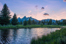 A View With The Sun Setting Along Snake River, Near Schwabachers Landing In Teton National Park