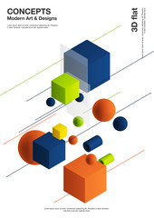 Poster - Abstract background, modern composition of geometric shapes. Cube, sphere, cylinder, line. 3d illustration.