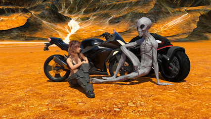 young woman sitting next to a motorcycle with an alien