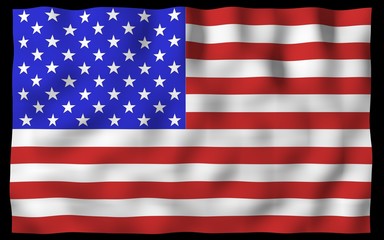 Waving flag of the United States of America on a dark background. Stars and Stripes. State symbol of the USA. 3D illustration