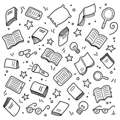 Hand drawn set of book doodle elements, e-book, lamp, education symbols. Cut isolated vector illustration for book store, reading club, learning, library banner concept design. Doodle sketch style.
