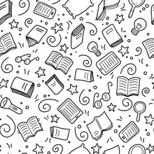 Hand Drawn Seamless Pattern Of Book Doodle Elements, Education Symbols. Vector Illustration For Book Store, Reading Club, Learning, Library Wallpaper, Texture Concept Design. Doodle Sketch Style.