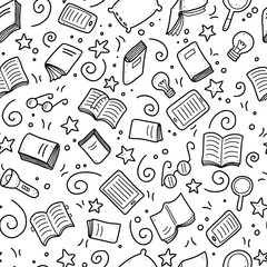 Hand drawn seamless pattern of book doodle elements, education symbols. Vector illustration for book store, reading club, learning, library wallpaper, texture concept design. Doodle sketch style.