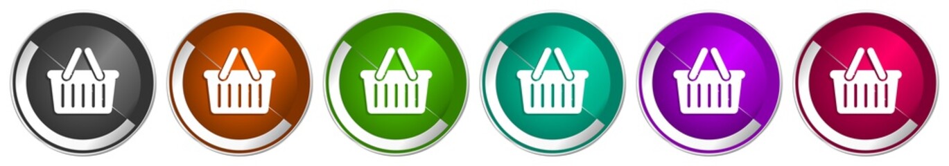Leinwandbilder - Shopping basket icon set, silver metallic chrome border vector web buttons in 6 colors options for webdesign