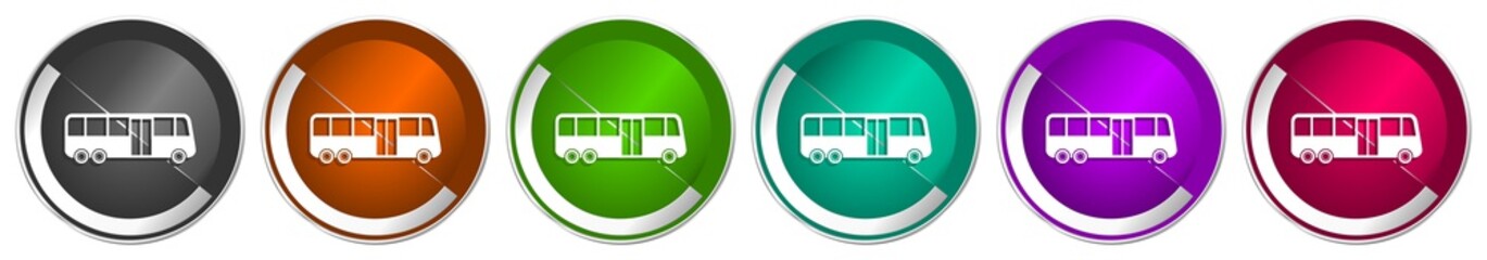 Aufkleber - Bus icon set, silver metallic chrome border vector web buttons in 6 colors options for webdesign