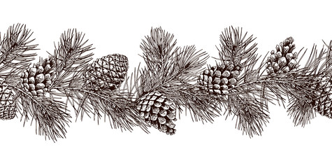 Seamless horizontal border with pine branches and cones.