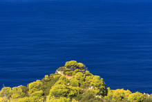 Mediterranean Landscape With Fresh Green Vegetation In The Foreground, Zakynthos Island.