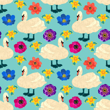 Seamless Pattern With Swans And Flowers, Hand Drawn Illustration