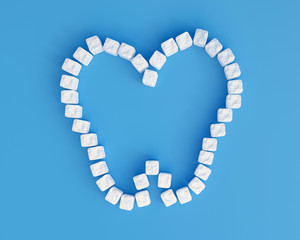 Wall Mural - Molar from sugar cubes on blue background, concept for sweet tooth, caries. Sugar is the cause of tooth decay. 3d render