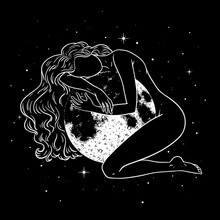 Beautiful Woman Hugging Full Moon In Space, Magic Theme, Goddess Symbol. Vector Illustration