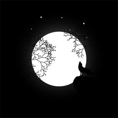 Wall Mural - silhouette of a wolf and tree in the night