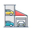 Car parking lot RGB color icon. Full storage at shopping center for transport. Mall multistorey drive slots for automobiles. Urban multilevel carpark building. Isolated vector illustration