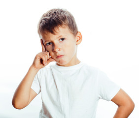 young pretty little boy wondering face gesturing, pointing isolated on white background