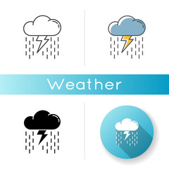 Poster - Heavy showers icon. Linear black and RGB color styles. Weather prediction, meteo forecast. Strong rainstorm, cloudburst. Raining thundercloud with lightning bolt isolated vector illustrations