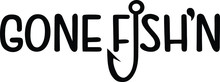 Gone Fish'N Text With Hand Drawn Fish Hook Illustration As The Letter "I" Transparent  Black And White Vector