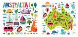 Fototapeta Dinusie - Australia collection with Australia map, animals, symbols, architecture Of Sydney