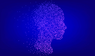 Wall Mural - Silhouette of a human head made of dots and particles. Conceptual image of AI (artificial intelligence), VR (virtual reality), Deep Learning and Face recognition systems.