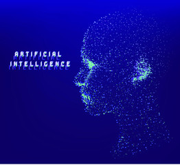 Aufkleber - Silhouette of a human head made of dots and particles. Conceptual image of AI (artificial intelligence), VR (virtual reality), Deep Learning and Face recognition systems.