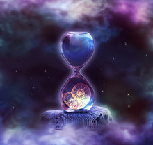 Hourglass Hovering In Space With Ammonite Fossil Inside Clock Standing On Petrified Mollusc Against Cloudy Sky And Shining Stars. Symbol Of Eternity, Extinction And Evolution, Time Is Over Concept.