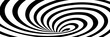Vector abstract illustration of swirl vortex with stripes. Trendy 3d background in op art style, optical illusion. Long horizontal banner