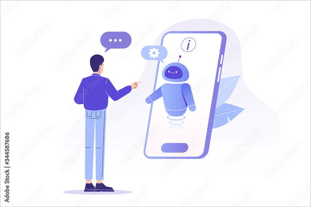 Chatbot ai and customer service concept. Young man talking with chatbot in a big smartphone screen. Chat bot virtual assistant via messaging. Customer support. Helping. Vector isolated illustration - obrazy, fototapety, plakaty 
