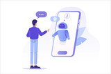 Fototapeta  - Chatbot ai and customer service concept. Young man talking with chatbot in a big smartphone screen. Chat bot virtual assistant via messaging. Customer support. Helping. Vector isolated illustration