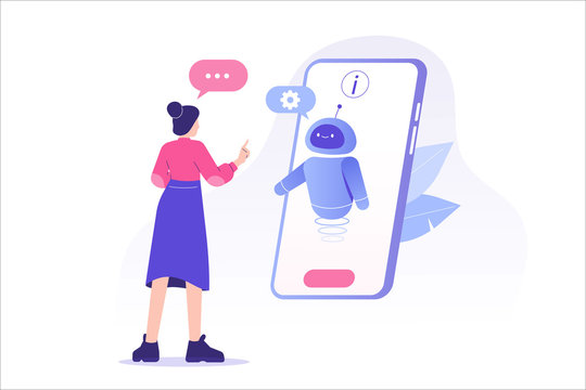 chatbot ai and customer service concept. young woman talking with chatbot in a big smartphone screen