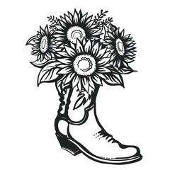 Sticker - Flowers in boot. Cowboy boot with sunflowers. Vector color printable illustration isolated on white background. Hand drawn vector close-up graphic illustration. Country bouquete