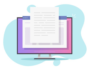 Writing text document content online vector on desktop computer or creating essay or book on pc flat cartoon illustration, copywriting or web text file editing concept modern design isolated image